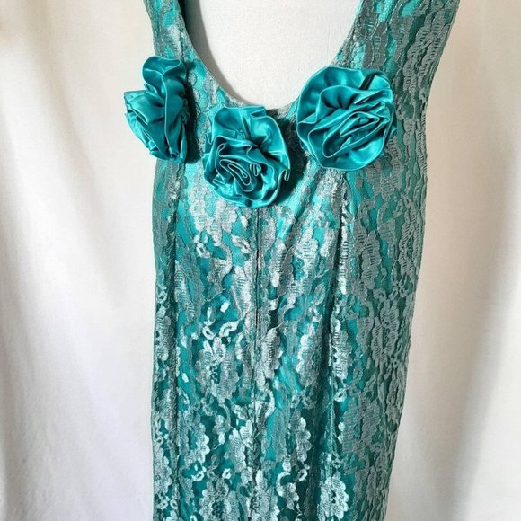 80s Handmade Teal Green Vtg Prom Lace Overlay Dress and Mermaid Hem - Picture 6 of 10
